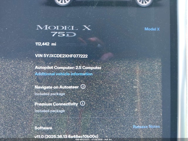 45723221 :رقم المزاد ، 5YJXCDE2XHF077222 vin ، 2017 Tesla Model X 100d/75d/90d مزاد بيع