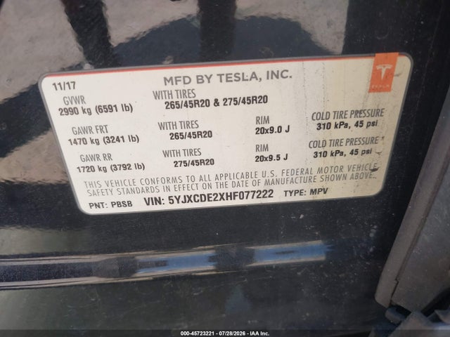 45723221 :رقم المزاد ، 5YJXCDE2XHF077222 vin ، 2017 Tesla Model X 100d/75d/90d مزاد بيع