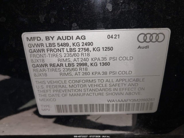 Aukcja sprzedaży 2021 Audi Q5 Premium 45 Tfsi Quattro S Tronic, vin: WA1AAAFY3M2093251, numer aukcji: 45723227