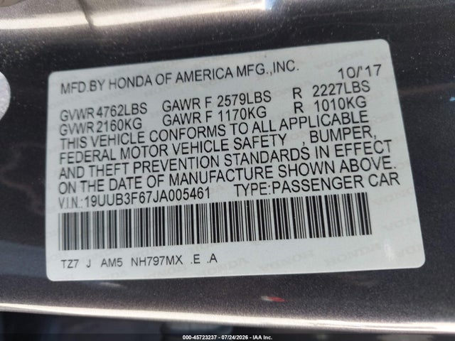 Aukcja sprzedaży 2018 Acura Tlx, vin: 19UUB3F67JA005461, numer aukcji: 45723237