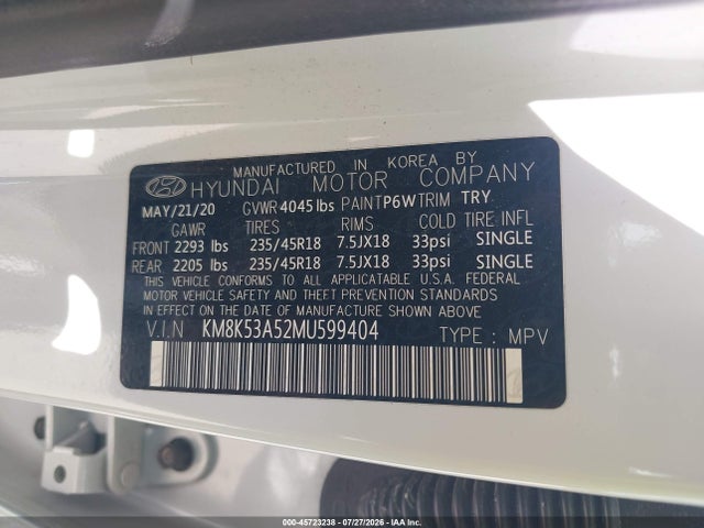 Aukcja sprzedaży 2021 Hyundai Kona Ultimate, vin: KM8K53A52MU599404, numer aukcji: 45723238