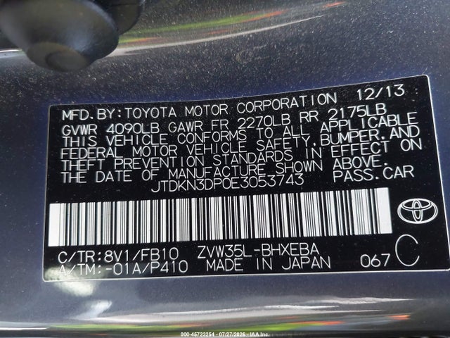 2014 Toyota Prius Plug-in მანქანა იყიდება აუქციონზე, vin: JTDKN3DP0E3053743, აუქციონის ნომერი: 45723254