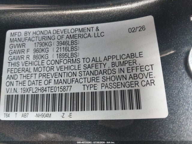 45723263 :رقم المزاد ، 19XFL2H84TE015877 vin ، 2026 Honda Civic Sport مزاد بيع