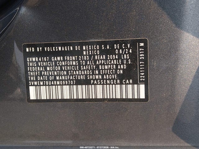 Aukcja sprzedaży 2024 Volkswagen Jetta 1.5t Se, vin: 3VWEM7BU4RM099707, numer aukcji: 45723271