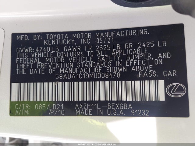 Aukcja sprzedaży 2021 Lexus Es 300h, vin: 58ADA1C19MU008478, numer aukcji: 45723274