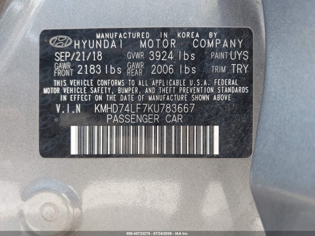 KMHD74LF7KU783667 Hyundai ELANTRA SE