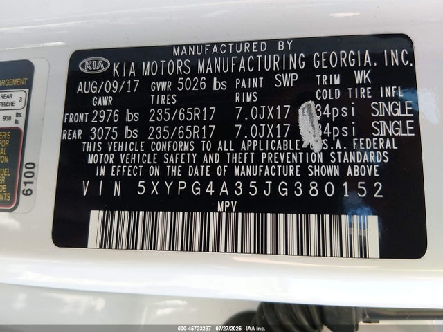 KIA Sorento 2.4l Lx 2018 5XYPG4A35JG380152 Image 9
