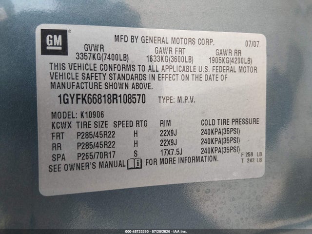 Продаж на аукціоні авто 2008 Cadillac Escalade Esv, vin: 1GYFK66818R108570, номер лоту: 45723290