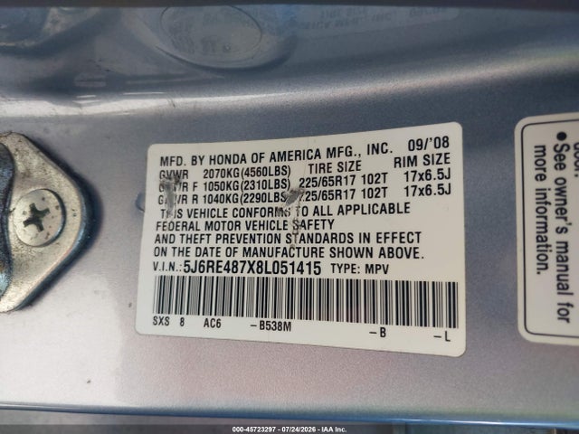 2008 Honda Cr-v Ex-l მანქანა იყიდება აუქციონზე, vin: 5J6RE487X8L051415, აუქციონის ნომერი: 45723297