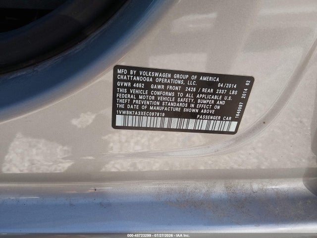 Продаж на аукціоні авто 2014 Volkswagen Passat 2.0l Tdi Se, vin: 1VWBN7A3XEC097819, номер лоту: 45723299