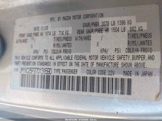 45723300 :رقم المزاد ، JM1NC25F970131590 vin ، 2007 Mazda Mx-5 Touring مزاد بيع