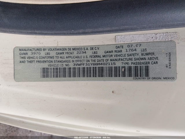 45723308 :رقم المزاد ، 3VWPF31Y88M402115 vin ، 2008 Volkswagen New Beetle S مزاد بيع