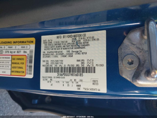 3FA6P0UU7HR160185 Ford Fusion Hybrid S