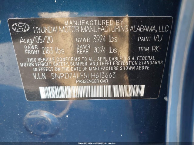 5NPD74LF5LH613663 Hyundai ELANTRA SE