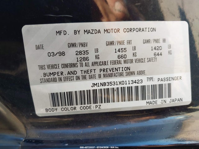 Продажа на аукционе авто 1999 Mazda Mx-5 Miata 10th Anniversary Edition/leather/popular Equip/sport/touring, vin: JM1NB3531X0113423, номер лота: 45723337