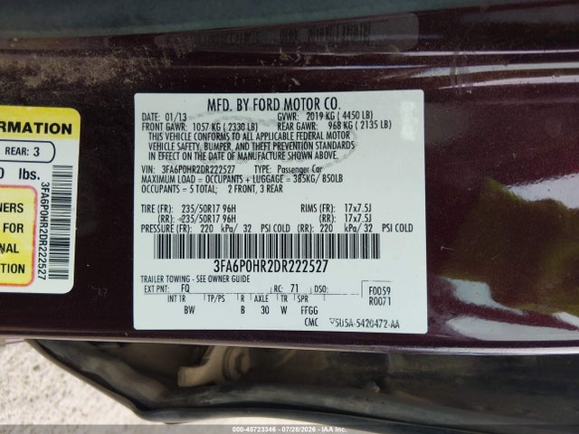 45723346 :رقم المزاد ، 3FA6P0HR2DR222527 vin ، 2013 Ford Fusion Se مزاد بيع