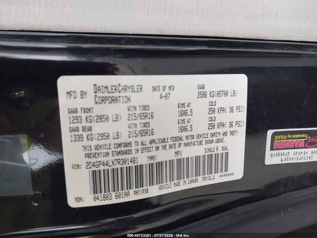 Aukcja sprzedaży 2007 Dodge Grand Caravan Sxt, vin: 2D4GP44LX7R301481, numer aukcji: 45723351