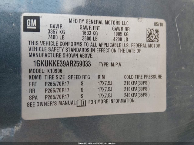 Aukcja sprzedaży 2010 Gmc Yukon Xl 1500 Slt, vin: 1GKUKKE39AR259033, numer aukcji: 45723358