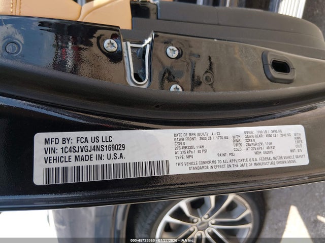 Продаж на аукціоні авто 2022 Jeep Grand Wagoneer Series Iii 4x4, vin: 1C4SJVGJ4NS169029, номер лоту: 45723360