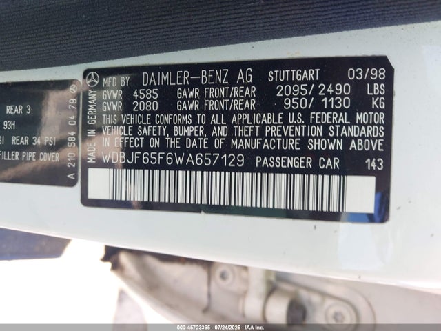 Aukcja sprzedaży 1998 Mercedes-benz E 320, vin: WDBJF65F6WA657129, numer aukcji: 45723365