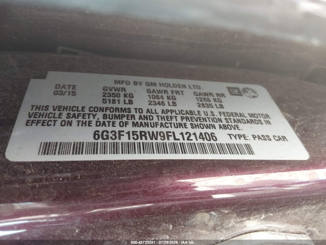 2015 Chevrolet Ss მანქანა იყიდება აუქციონზე, vin: 6G3F15RW9FL121406, აუქციონის ნომერი: 45723381