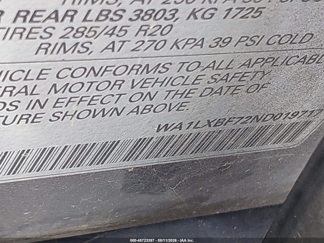 Aukcja sprzedaży 2022 Audi Q7 Premium Plus 55 Tfsi Quattro Tiptronic, vin: WA1LXBF72ND019717, numer aukcji: 45723397