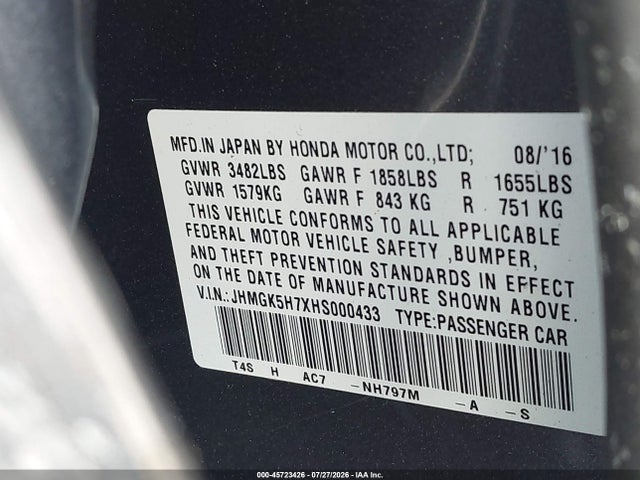 JHMGK5H7XHS000433 Honda FIT EX