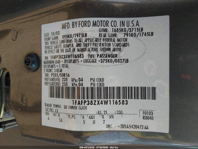 Aukcja sprzedaży 2004 Ford Focus Zts, vin: 1FAFP38ZX4W116583, numer aukcji: 45723428