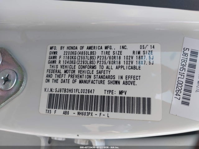 Aukcja sprzedaży 2015 Acura Rdx, vin: 5J8TB3H51FL002647, numer aukcji: 45723435