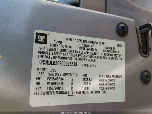 Продажа на аукционе авто 2006 Chevrolet Equinox Lt, vin: 2CNDL63F266025313, номер лота: 45723440