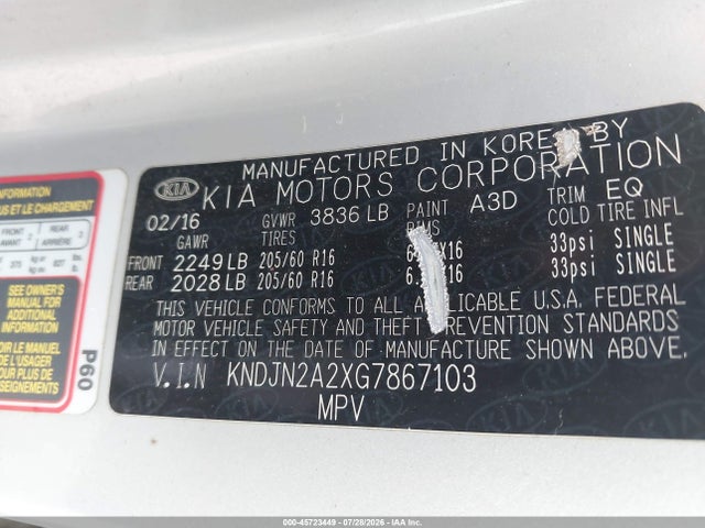 Aukcja sprzedaży 2016 Kia Soul, vin: KNDJN2A2XG7867103, numer aukcji: 45723449