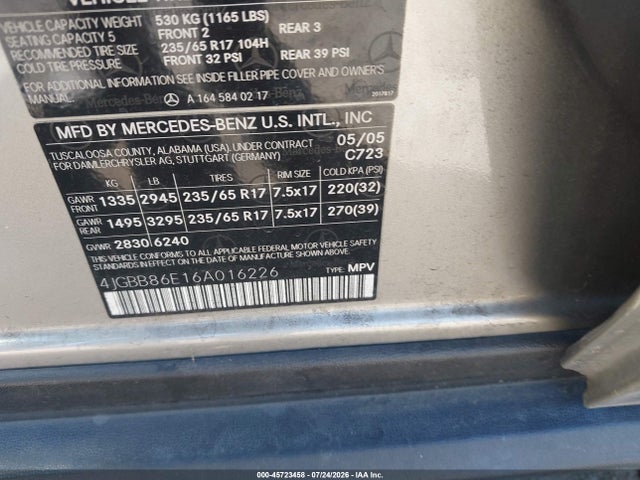 Aukcja sprzedaży 2006 Mercedes-benz Ml 350 4matic, vin: 4JGBB86E16A016226, numer aukcji: 45723458