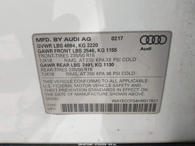 Aukcja sprzedaży 2017 Audi Q3 2.0t Premium, vin: WA1ECCFS4HR017621, numer aukcji: 45723461