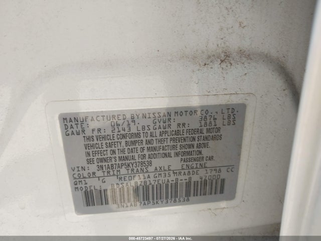 Aukcja sprzedaży 2019 Nissan Sentra S, vin: 3N1AB7AP5KY378538, numer aukcji: 45723497