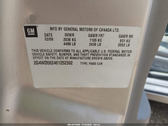 45723499 :رقم المزاد ، 2G4WD582461252392 vin ، 2006 Buick Lacrosse Cxl مزاد بيع