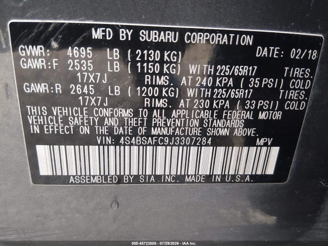 Subaru Outback 2.5i Premium 2018 4S4BSAFC9J3307284 Image 9
