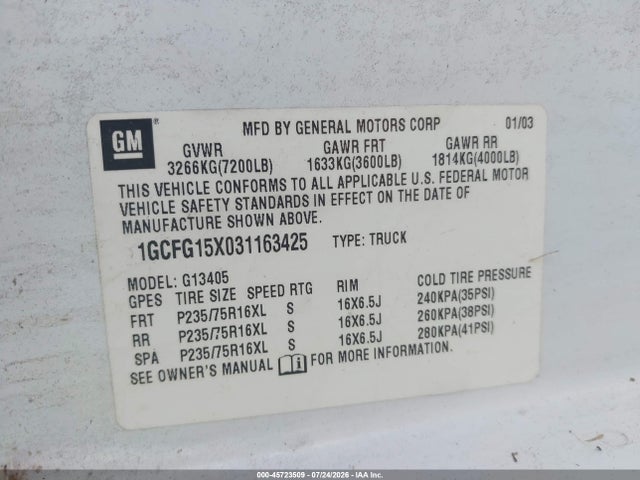 Продаж на аукціоні авто 2003 Chevrolet Express, vin: 1GCFG15X031163425, номер лоту: 45723509