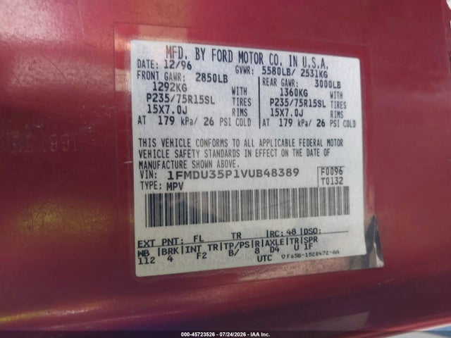 1997 Ford Explorer Eddie Bauer/limited/xlt მანქანა იყიდება აუქციონზე, vin: 1FMDU35P1VUB48389, აუქციონის ნომერი: 45723526