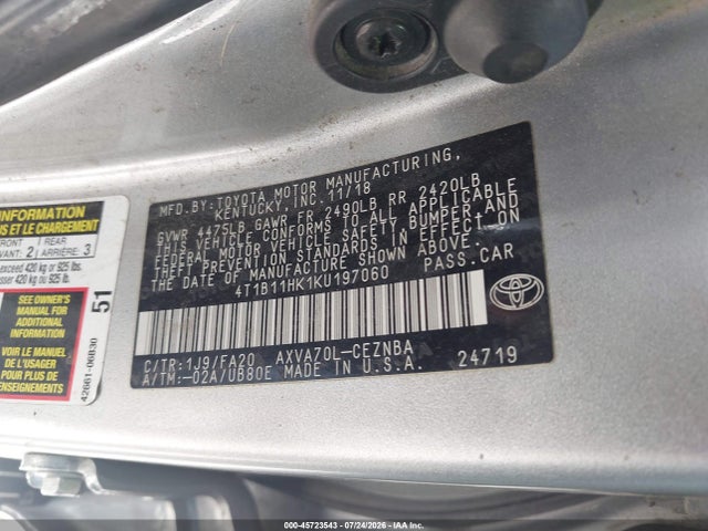 4T1B11HK1KU197060 Toyota CAMRY LE