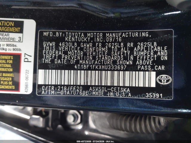 Toyota CAMRY SE 2017 4T1BF1FKXHU333697 Image 9