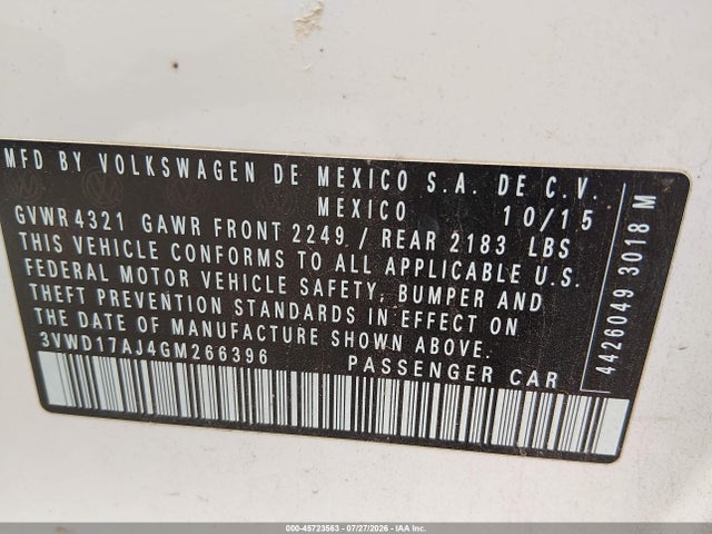 Продаж на аукціоні авто 2016 Volkswagen Jetta 1.8t Sport, vin: 3VWD17AJ4GM266396, номер лоту: 45723563