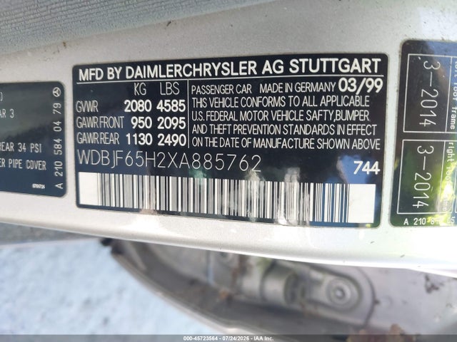 Aukcja sprzedaży 1999 Mercedes-benz E 320, vin: WDBJF65H2XA885762, numer aukcji: 45723564