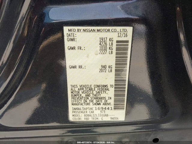 Aukcja sprzedaży 2017 Nissan Altima 2.5 Sv, vin: 1N4AL3AP5HC169441, numer aukcji: 45723574
