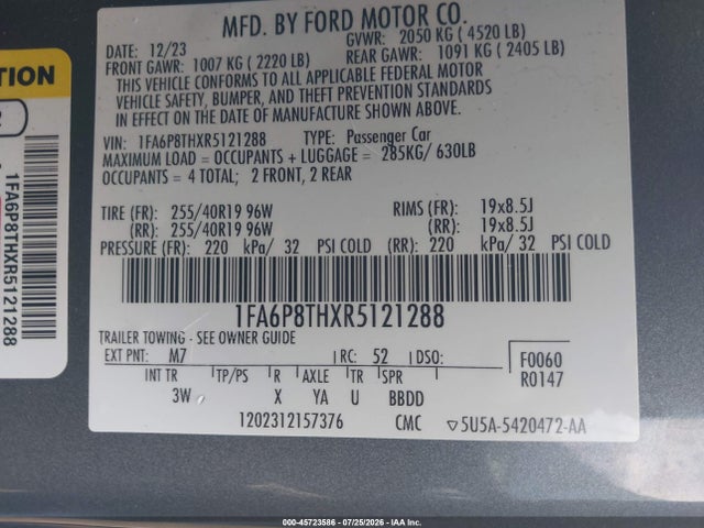 45723586 :رقم المزاد ، 1FA6P8THXR5121288 vin ، 2024 Ford Mustang Ecoboost Premium Fastback مزاد بيع