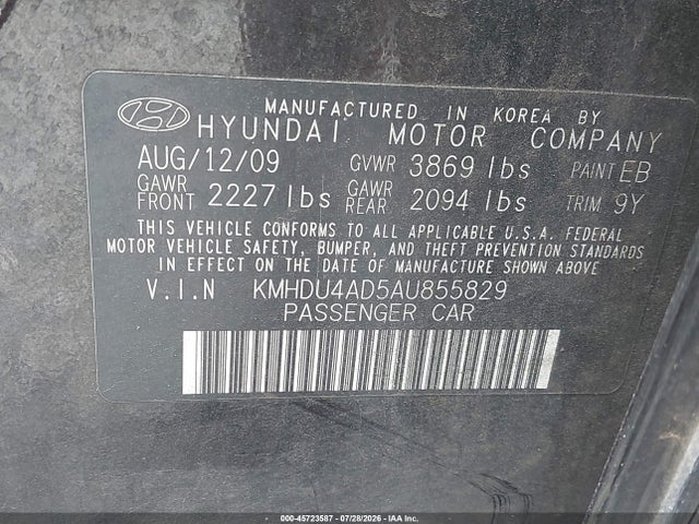 45723587 :رقم المزاد ، KMHDU4AD5AU855829 vin ، 2010 Hyundai Elantra Gls مزاد بيع
