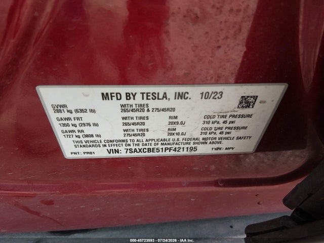 Продажа на аукционе авто 2023 Tesla Model X Dual Motor All-wheel Drive/standard Range, vin: 7SAXCBE51PF421195, номер лота: 45723593