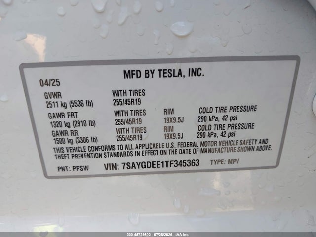Продаж на аукціоні авто 2026 Tesla Model Y All-wheel Drive/long Range Launch Series/premium All-wheel Drive, vin: 7SAYGDEE1TF345363, номер лоту: 45723602