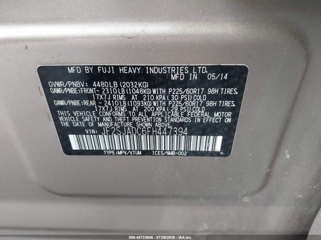 Aukcja sprzedaży 2015 Subaru Forester 2.5i Premium, vin: JF2SJADC6FH447394, numer aukcji: 45723606
