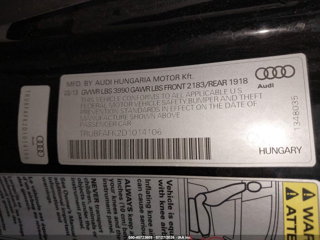 Продаж на аукціоні авто 2013 Audi Tt 2.0t Premium Plus, vin: TRUBFAFK2D1014106, номер лоту: 45723608
