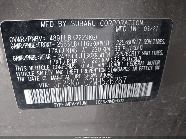 Продаж на аукціоні авто 2021 Subaru Forester Premium, vin: JF2SKAJC2MH526267, номер лоту: 45723609